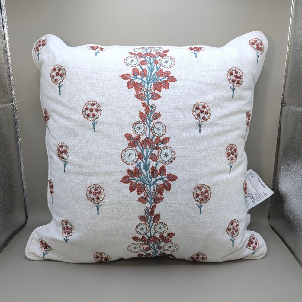Waverly Floral Raised Embroidery Throw Pillow White Red Teal Cottage Boho 16x16‎